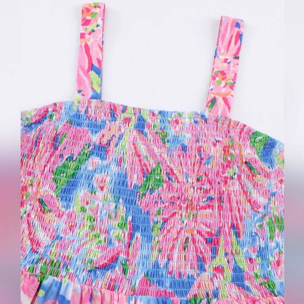 Palm Beach Floral Smock Sleeveless Wide Leg One Piece Pocket Pant Jumpsuit Pink - Picture 7 of 12